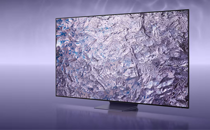 A Neo QLED TV is displaying a purple graphic on its screen