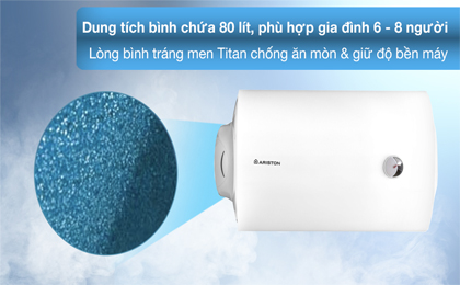 Máy nước nóng gián tiếp Ariston 80 lít PRO R 80 H 2.5 FE - Dung tích bình chứa 80 lít phù hợp gia đình từ 6 - 8 người, lòng bình được tráng men titan chống ăn mòn và giữ độ bền tốt cho sản phẩm