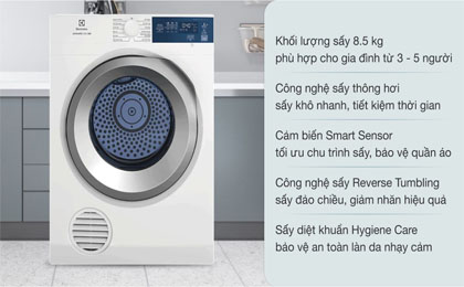 Máy sấy quần áo Electrolux 8.5 kg EDS854J3WB Trắng