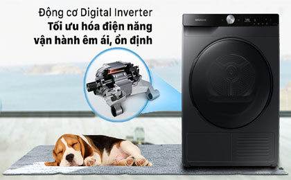 Máy sấy Samsung Inverter 9 kg DV90T7240BB/SV - Động cơ Digital Inverter tối ưu hóa điện năng, vận hành êm ái