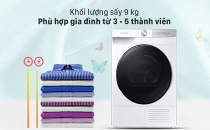 Máy sấy bơm nhiệt Samsung 9kg DV90T7240BH/SV - Khối lượng sấy 9 kg