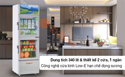 Tủ Mát Sanaky Inverter 340 lít VH-408W3L - Dung tích 340 lít, thiết kế 2 cửa, 2 ngăn với công nghệ cửa kính Low-E chống đọng sương 